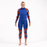 [Retro Riptide Multi] blue floral print Merino wool onesie baselayer front full body