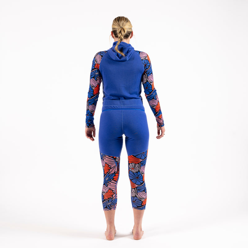 [Retro Riptide Multi] blue floral print Merino wool onesie baselayer back full body