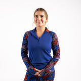 [Retro Riptide Multi] Half zip baselayer top in blue floral print - front view 2