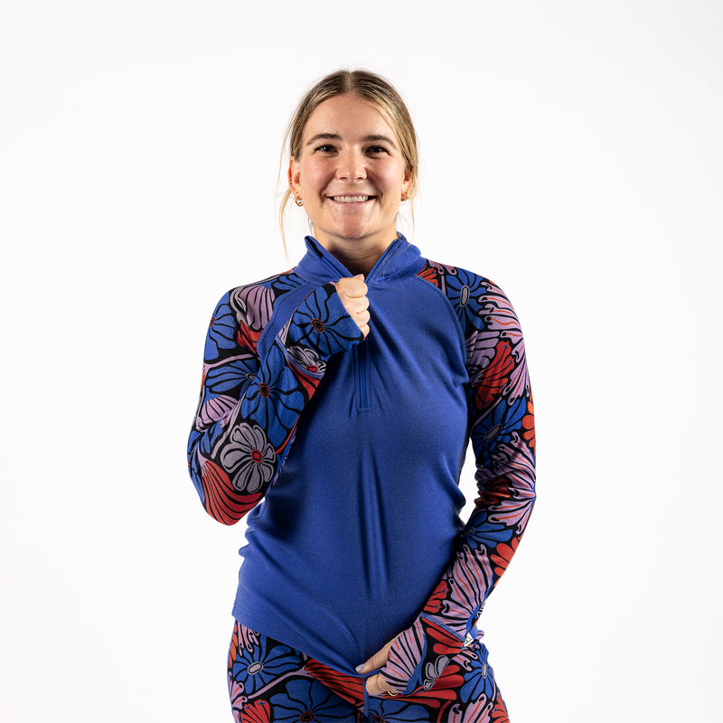 [Retro Riptide Multi] Half zip baselayer top in blue floral print - front view