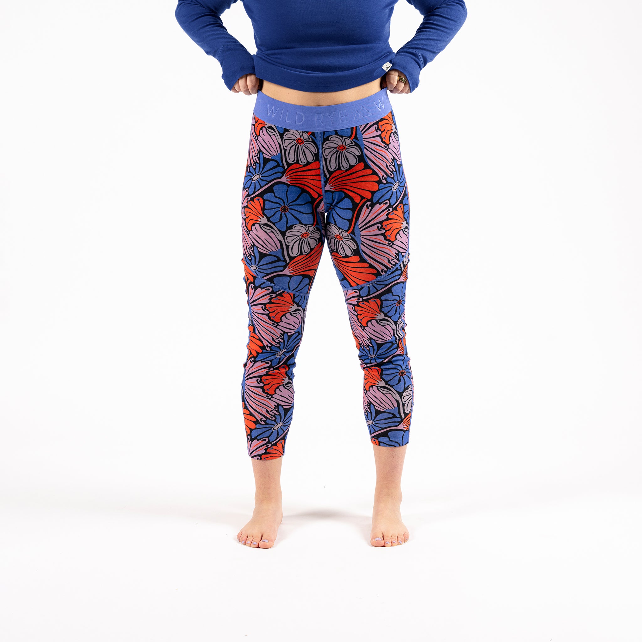 [Retro Riptide Multi] Blue floral merino wool leggings waistband detail