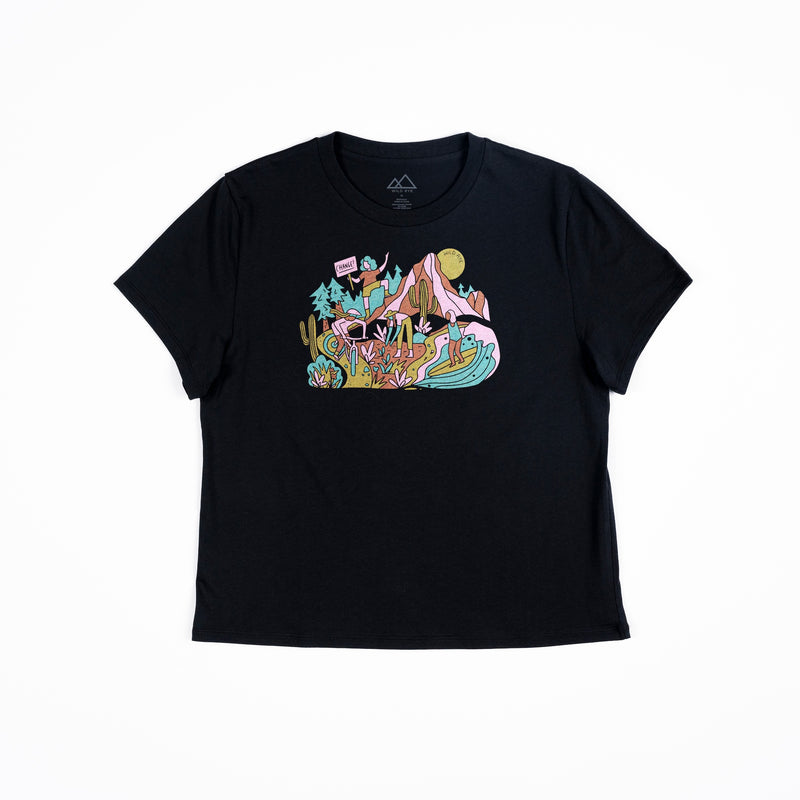 Black t shirt with colorful "changemaker" graphic