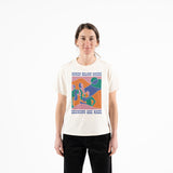 Cream cotton t shirt with colorful graphic worn on model